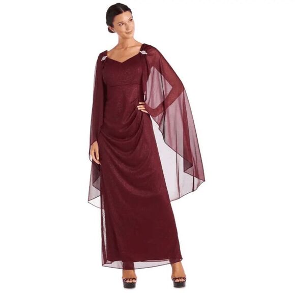 R&M Richards Merlot Gown | 6 | Glitter Maxi Dress | Cape Overlay | Formal Event - Picture 1 of 8